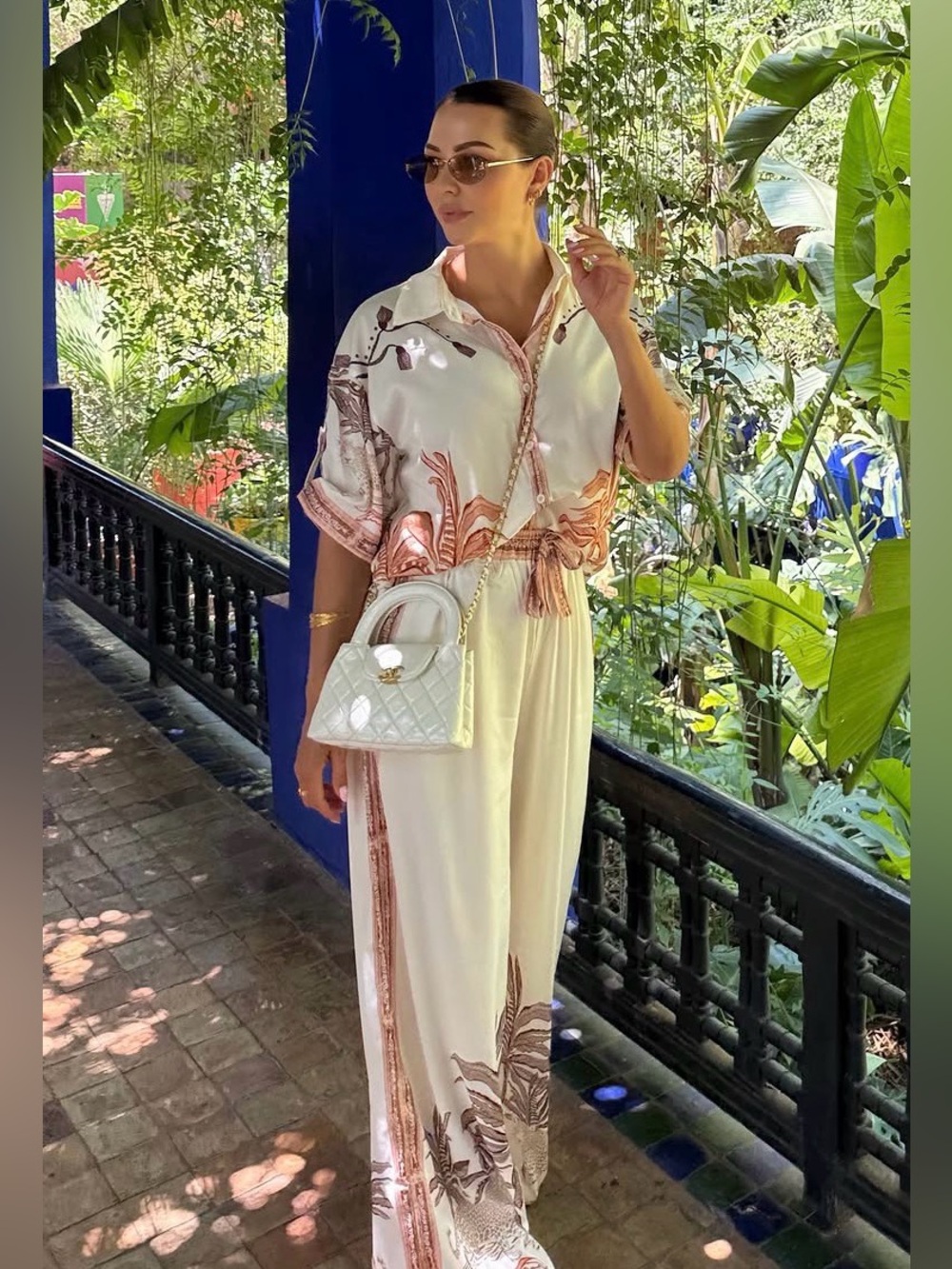 Tropical Safari Print 2-Piece Set | Resort Matching Shirt & Wide Leg Pants